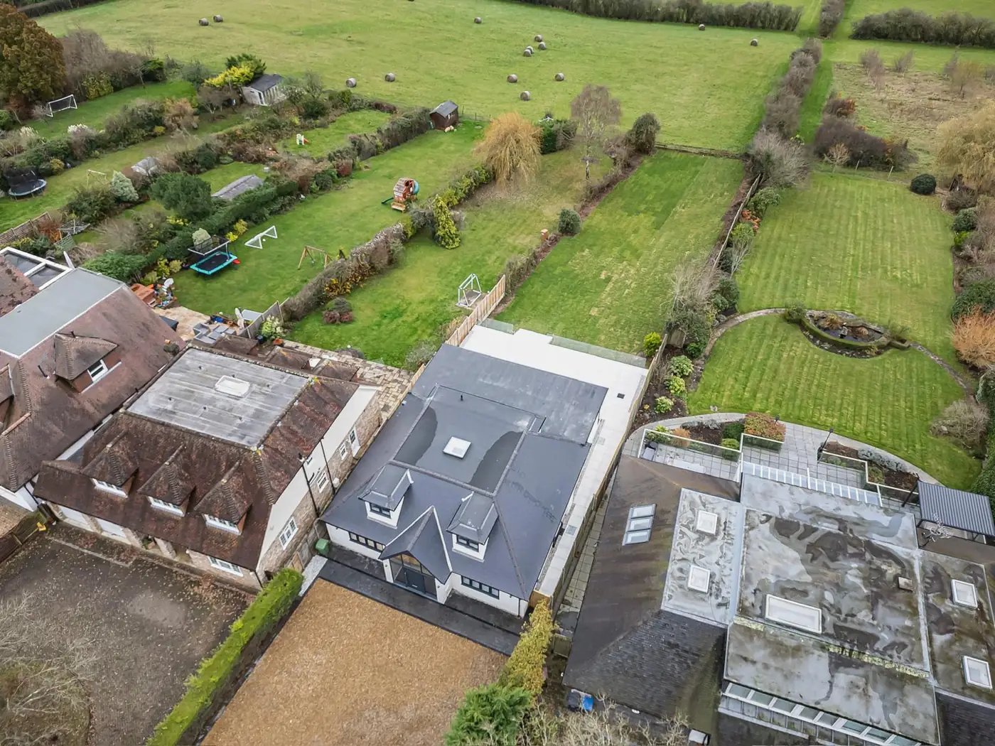 Aerial view of completed residential development, Hertfordshire